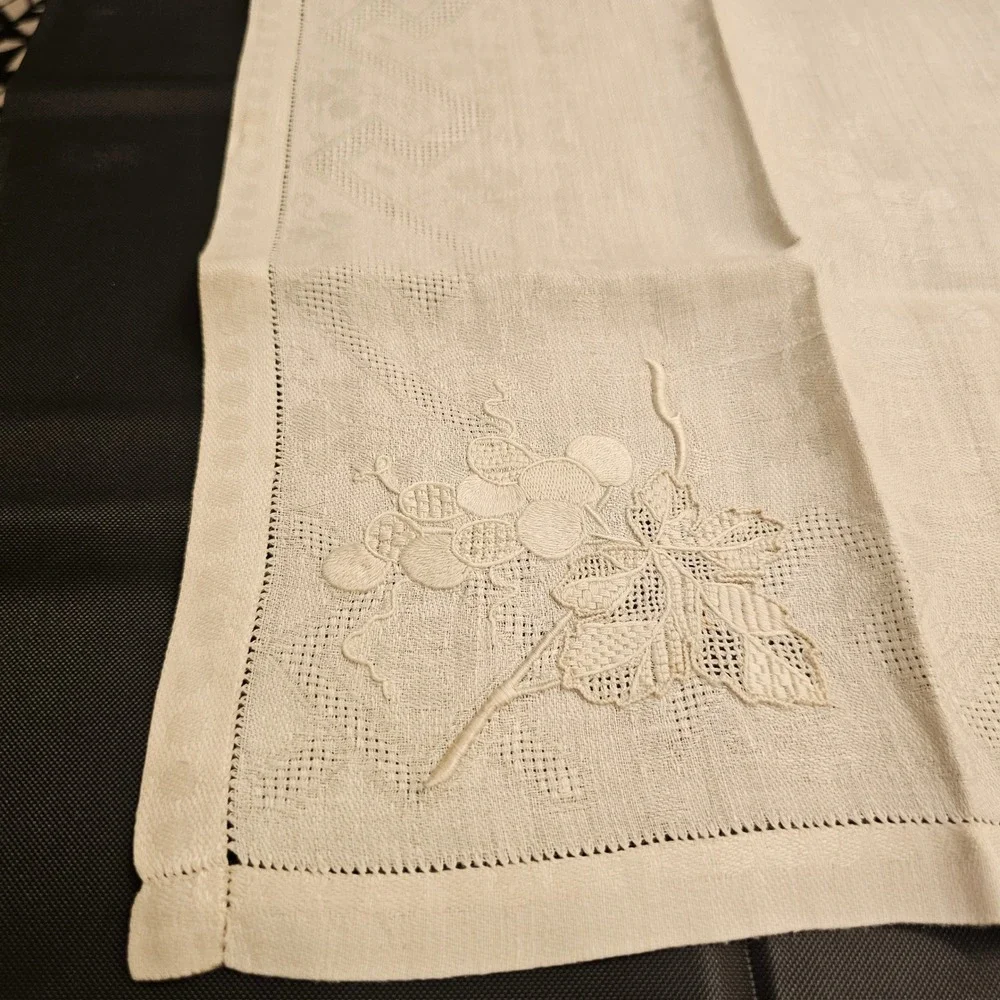 Vintage Cream Linen Napkins Hand Embroidered Fruit Damask Hemstitched Set of 2